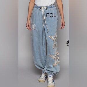 BPB219-1💙🤍POL Light Blue denim joggers wStar Embellishment! perfect day2date!